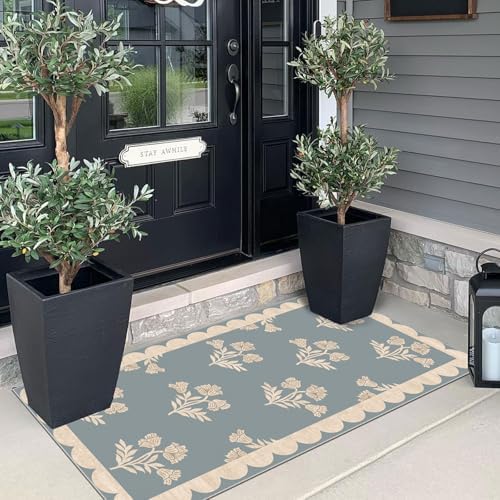 Front Door Mat Indoor Entrance - 2x4.3 Ft Floral Washable Layered Doormat Outdoor Entrance Porch Rug Non-Slip Blue Retro Farmhouse Runner Rug for Kitchen Bedroom Laundry Room Porch Decor - Image 4