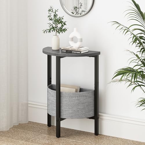 Vagusicc Small Round Side Table End Table, Tall Accent Table with Storage Basket, Set of 2 Half Round Table Half Moon Tables, Coffee Bedside Table Modern Nightstand for Living Room Bedroom Gray Walnut - Image 2