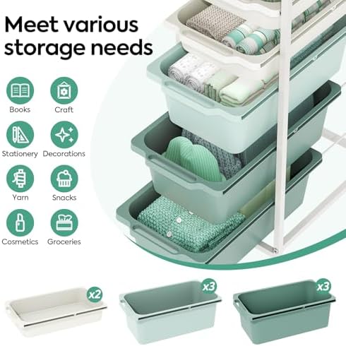 KINGBOARD Slim Rolling Cart with 5 Drawers, Metal Utility Storage Cart | Wooden Tabletop, Lockable Wheels, Table Side Trolley for Bedroom, Children's Room and Office Organization, Green - Image 3