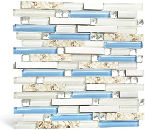 Blujellyfish Beach Style Tile Real Seashell Inside Blue Cream White Brushed Steel Art Mosaic Kitchen Backsplash Bath Decor (Pack of 5 Sheets) by Blujellyfish