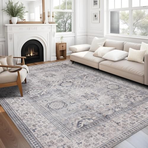 ReaLife Rugs Machine Washable Area Rug - Living Room Bedroom Bathroom Kitchen Entryway Office - Padded Low Pile Stain Resistant Premium - Boho Farmhouse Vintage - Paz - Beige Gray Ivory 5' x 7' by ReaLifeRugs