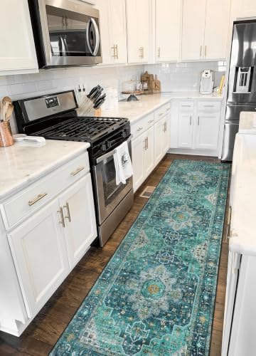 Moynesa Ultra-Thin Washable Runner Rug - 2'6" x 10' Teal Runners for Hallways Stair Carpet Runner, Oriental Non Skid Non Shedding Low Pile Kitchen Mat for Bedroom Mudroom Hardwood Floor by Moynesa