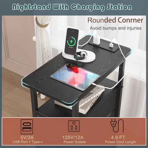 shtmec Narrow End Table Set of 2 with Charging Station, Side Tables Set 2 with Fabric Drawers, Small Bedside Tables Nightstands for Small Space, Slim Sofa Couch Table for Livingroom,Black - Image 4