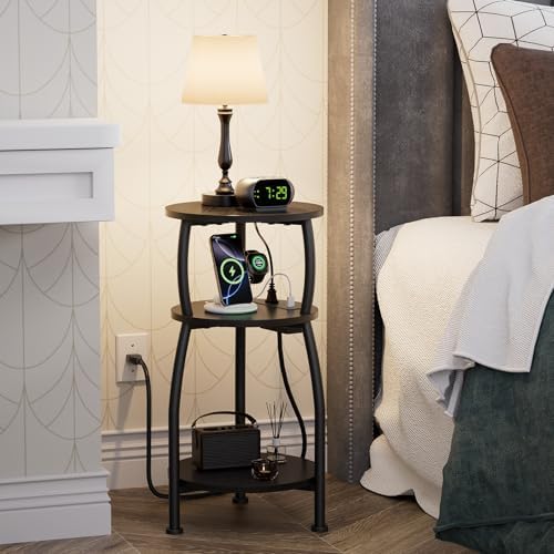 Round Side Table with Charging Station, Small Spaces Nightstand - Image 2