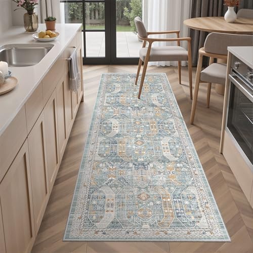 Madane Washable Runner Rug 2x6 Runners for Hallways Non Slip, Blue/Gold by Madane