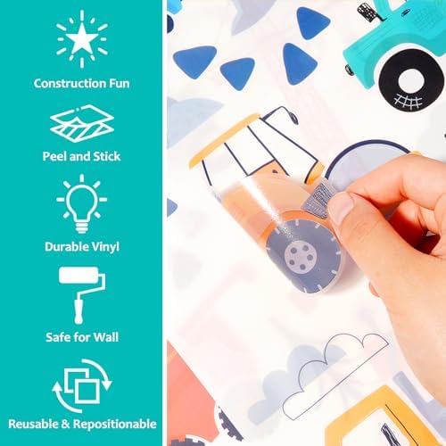 AOWDIAO Construction Vehicle Wall Decals – 90Pcs Reusable Peel and Stick Vinyl Stickers for Kids’ Room, Nursery & Playroom – Removable Truck Decoration for Boys & Toddlers - Image 3
