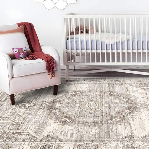 Area Rugs 10x14 Living Room: Machine Washable Rug - Soft Carpet for Bedroom - Stain Resistant Vintage Distressed Area Rug 10'x14' Beige - Image 3