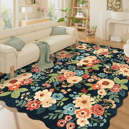DUKINO 8x10 Area Rug for Living Room, Soft Floral Washable Rug, Navy Blue by DUKINO