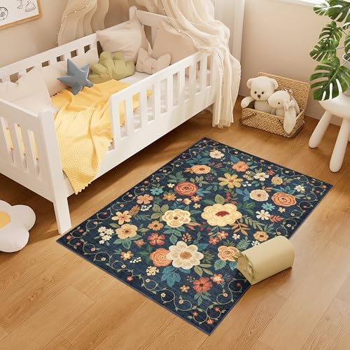 DUKINO 3x4 Area Rug, Floral Washable Rug for Kitchen Non Slip, Navy Blue - Image 4