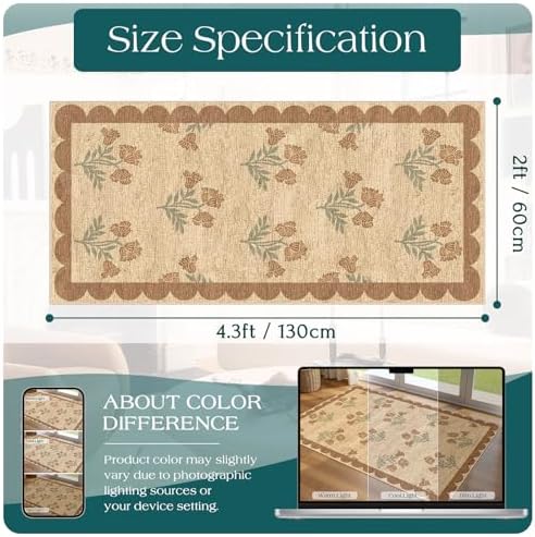 Front Door Mat Indoor Entrance - 2x4.3 Ft Tan Floral Washable Layered Doormat Outdoor Entrance Porch Rug Non-Slip Neutral Country Jute-Look Runner Rug for Kitchen Mud Laundry Room Porch Decor - Image 2