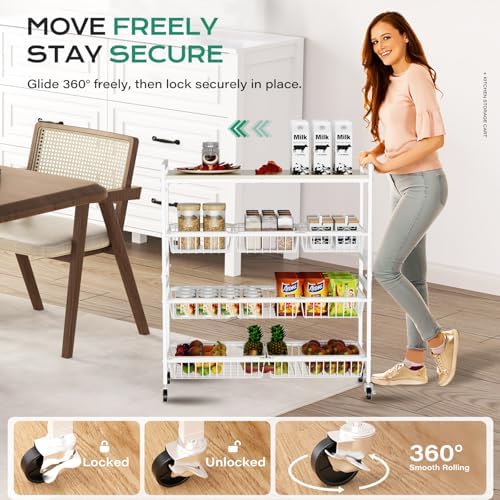 Cinati 4-Tier Utility Kitchen Cart with Wood Top, 29" W Kitchen Storage Cart with 8 Baskets & Handle, Metal Snack Cart with Wheels, Adjustable Pantry Organizer and Storage Cart for Fruit, Vegetables - Image 5