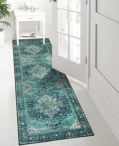 Moynesa Ultra-Thin Washable Vintage Runner Rug - 2'6"x8 Boho Hallway Kitchen Runner Oriental Medallion Bedside Mat Non-Slip Non-Shedding Indoor Throw Carpet for Laundry Entrance, Teal/Mutil - Image 5