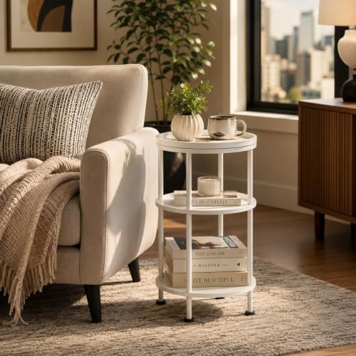 Small Round Side Table with Tray Top (Patented Design), 11.8" Narrow End Table for Small Spaces, 3-Tier Modern White Nightstand, Original Accent Furniture for Living Room Bedroom (Classic, White) - Image 2