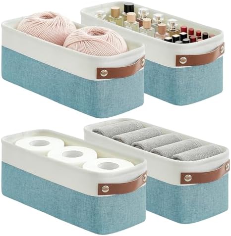Bagnizer Small Fabric Storage Baskets, 15x6x5 inch Narrow Storage Bins 4-Pack Long Storage Basket for Organizing with Handles, Decorative Basket for Closets, Shelves, Toilet Paper, Teal by Bagnizer