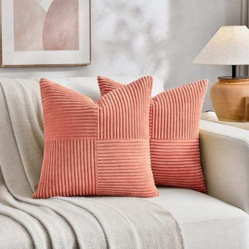 Fancy Homi 2 Packs Coral Samll Decorative Throw Pillow Covers 12x12 Inch with for Couch Bed Sofa, Rustic Farmhouse Boho Home Decor, Soft Corss Patchwork Corduroy Square Peach Cushion Case 30x30 cm - Image 5