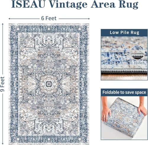 Hanples 6x9 Area Rugs for Living Room, Washable Rug Vintage Floral, Blue - Image 2