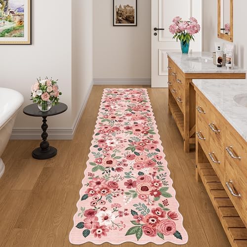 DUKINO 2x8 Washable Runner Rug, Floral Non Slip Kitchen Runner Rug, Pink - Image 3