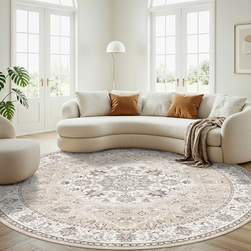7x7 Living Room Area Rug: Washable Oriental Printed Soft Round Rug for Bedroom Besides Non-Slip Low-Pile Carpet for High-Traffic Area Indoor Stain Resistant Distressed Home Decor Mat(7Round,Beige) - Image 4