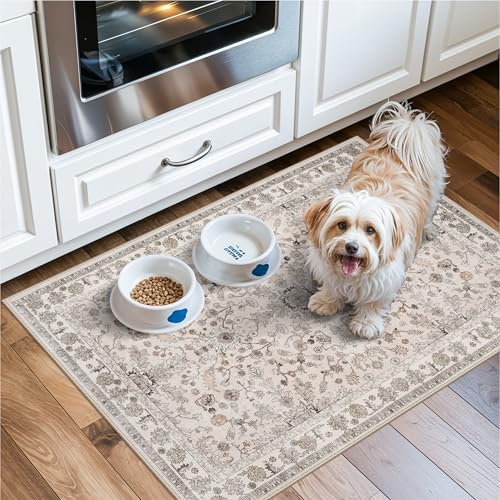 2x3 Non-Slip Washable Kitchen Rug – Boho Small Accent Rug for Sink & Entryway, Soft Low Pile Thin Carpet for Pet Area & Bathroom, Indoor Door Mat (Beige,2x3) - Image 4