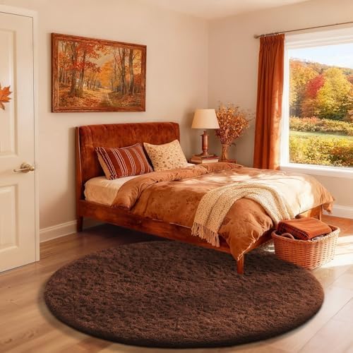 Ophanie Round Rug 4Ft Brown Circle Area Rug, Fluffy Fuzzy Small Bedroom Carpet, Plush Soft Shaggy Floor Living Room Circular Decor for Kids Boys Girls Home Aesthetic, Nursery with 99 pcs Pile fibers by Ophanie