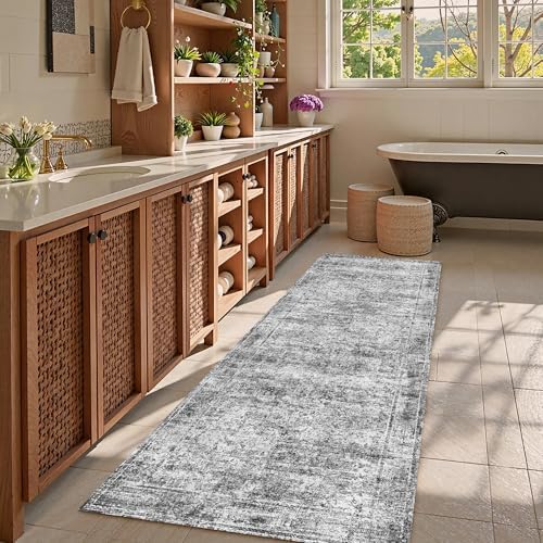 Washable Area Rug 2'6'' x 8' Vintage Traditional Persian Mat - Foldable Distressed Non-Slip Machine Washable Carpet for Living Room Bedroom Kitchen Home Decor - Graphite and Mist - Image 2