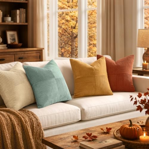 MIULEE Fall Teal Orange Decorative Throw Pillow Covers 18x18 Inch Set of 4 Boho Corduroy Striped Cushion Cases Modern Farmhouse Patchwork Pillow Cases for Couch Sofa Bedroom Home Decor - Image 2