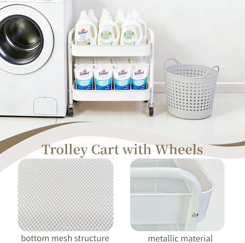 2 Pack Two Tier Rolling Cart with Wheels Small Pantry Floor Organizer Under Desk Storage Metal Short Utility Cart for Small Space, Kitchen Shelf Laundry Room Bathroom Organization, White - Image 5