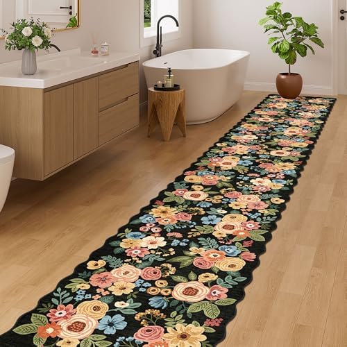 DUKINO 2x12 Washable Runner Rug, Floral Long Runner Rug for Hallway, Black - Image 5