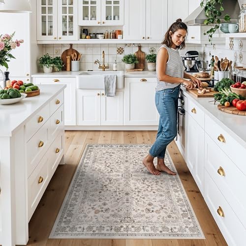 3x6 Kitchen Runner Rug Non Slip Washable - Soft Low Pile Stain-Resistant Wide Carpet Runner for Hallway Entryway Bedroom Bathroom with Rubber Backing - Boho Floral Door Mat(Beige,3x6) - Image 3