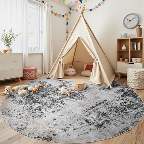 Round Rug 8ft Washable Rug for Dining Room Living Room Black Grey Gold - Image 4