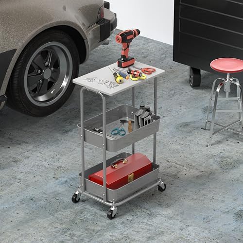 Simple Houseware 2-Tier Rolling Utility Cart Wood Top/Lockable Wheel, White - Image 6