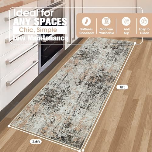 Runner Rugs for Hallways Kitchen 2.6x8 Non Slip Washable Brown Beige - Image 2