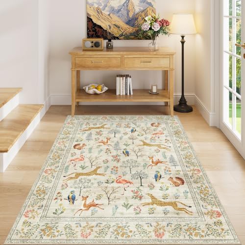 DUKINO 4x5 Area Rug, Washable Animal Rug for Entryway Non Slip, Beige by DUKINO