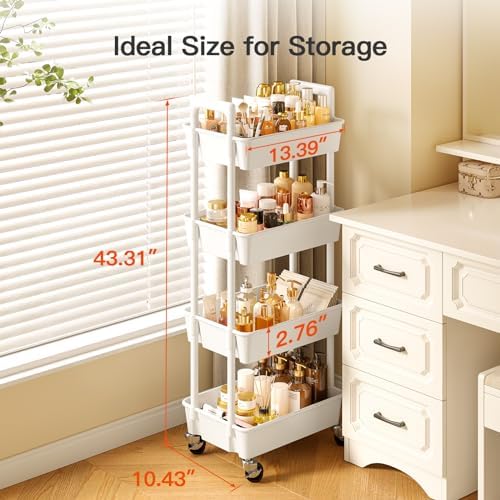 Pipishell 4 Tier Rolling Cart Organizer, Plastic Rolling Cart with Lockable Wheels & Reinforced Handle, Lightweight Utility Storage Cart for Nursery, Kitchen, Craft Room, White - Image 4
