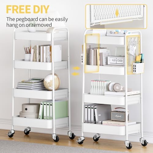 TOOLF 4 Tier Rolling Cart, Metal Utility Storage Cart with Pegboard, White | 2 Bins & 4 Hooks, Screwless Assembly, Lockable Wheels, Trolley Organizer for Bathroom, Kitchen, Office, Dorm, Craft Room - Image 6