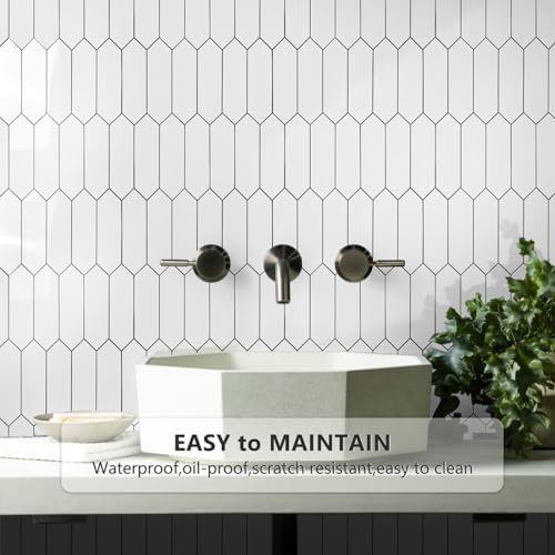 Vamos Tile 1 Sheet Glossy White Backsplash Tile Peel and Stick, 12.8 x 12.8 Inch Long Hexagon PVC Self Adhesive Mosaic Wall Tiles with Dark Gray Grout Stick on Backsplash for Kitchen and Bathroom - Image 2