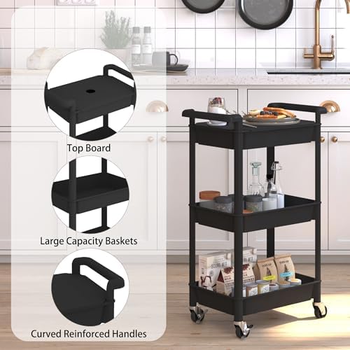 Steehoom 3-Tier Utility Rolling Cart with Cover Top Board, Mobile Utility Cart with Lockable Casters Multi-Functional Storage Trolley for Office, Bathroom, Kitchen, Garden, Laundry Room (Black) - Image 2