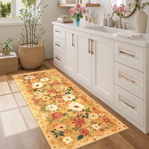 DUKINO 2x5 Runner Rug, Floral Washable Rug for Kitchen Non Slip, Orange - Image 3