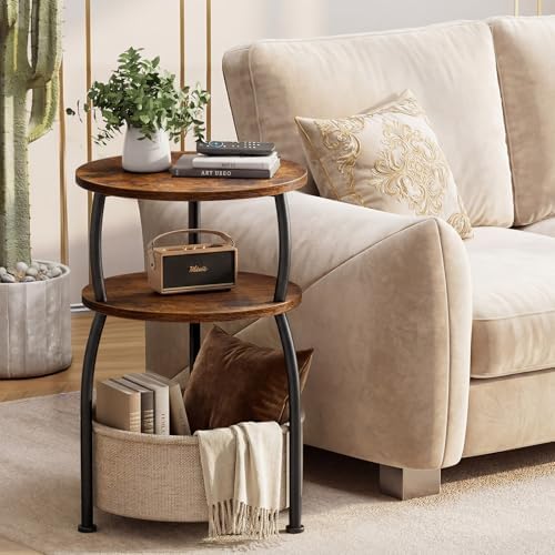 Round Side Table with Storage Basket for Living Room Rustic Brown - Image 2
