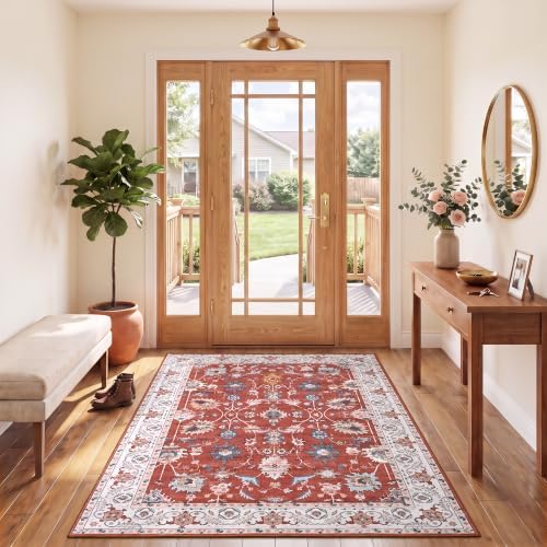 Hanples 3x5 Washable Rugs for Entryway, Vintage Floral Door Mat, Red by Hanples