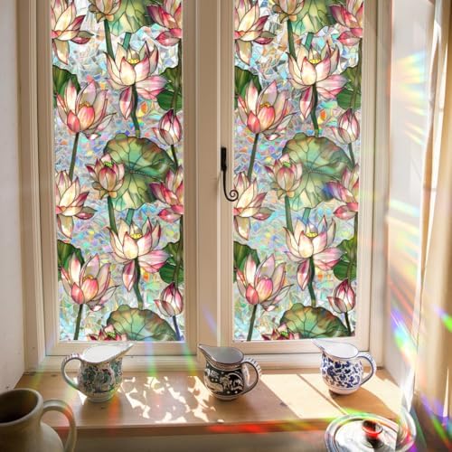 GORGECRAFT 39.4x17 Inch Lotus Flower Rainbow Window Privacy Film Large 3D Sun Blocking Stained Window Glass Decorative Window Cling Non-Adhesive Static UV Decals Reusable Sticker for Room Home by GORGECRAFT
