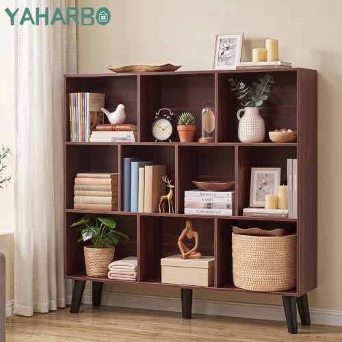 YAHARBO 10 Cube Walnut Bookshelf,3 Tier Book Shelf with Legs,Modern Minimalist Bookcase,Open Book Shelves Storage Organizer,Frees Standing Wooden Display Bookcases for Small Space,Bedroom,Living Room - Image 3