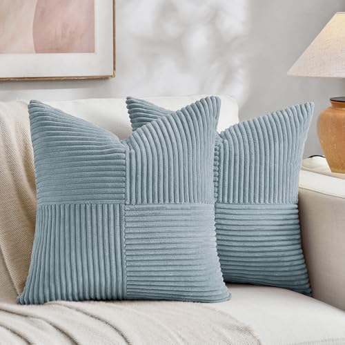 Fancy Homi Set of 2 Light Blue Samll Decorative Throw Pillow Covers 14x14 Inch with for Couch Bed Sofa, Rustic Farmhouse Boho Home Decor, Soft Cross Patchwork Corduroy Square Cushion Case 35x35 cm by Fancy+Homi