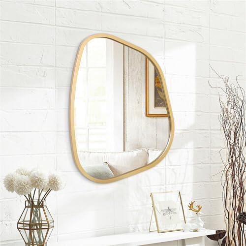 Gold Asymmetrical Mirror Large 20"x16" Irregular Oval Wall Mirror Modern Wood Frame Unique Shape Wall Mounted Vanity Artistic Mirror Decorative for Living Room Bedroom Bathroom Entryway - Image 2