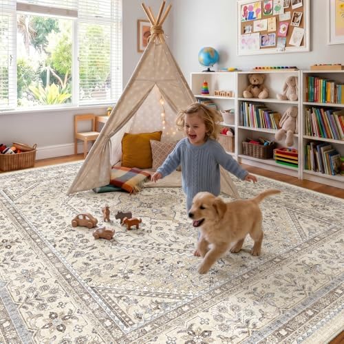 Puino 10x10 Square Washable Area Rug - Non-Slip Living Room Rugs Beige Gray - Image 3
