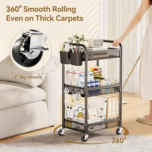 YASONIC 3 Tier Metal Rolling Cart, Black Utility Storage Cart with Wheels - Image 5
