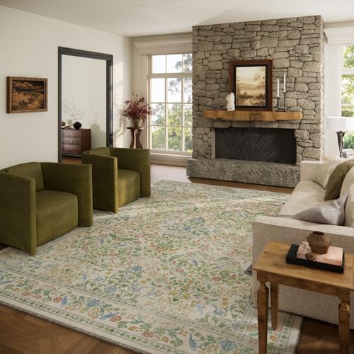 Washable Area Rugs for Living Room: 9x12 Bedroom Rug Boho Vintage Stain Resistant Non Slip Low Pile Lightweight Soft Carpets for Dining Room Kitchen Nursery Kids Room Farmhouse Living Room by palohom