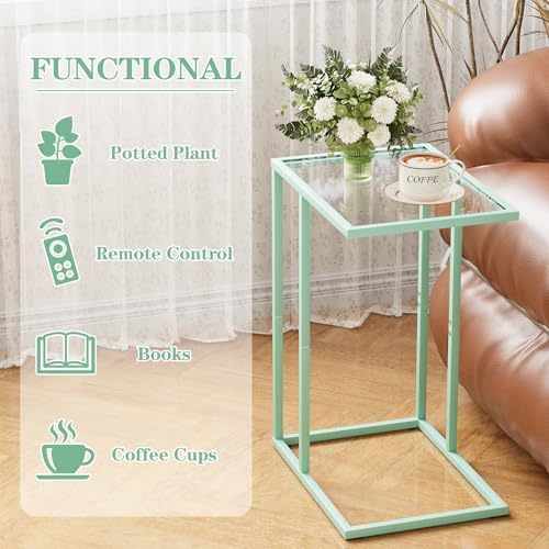 Easy Paws C Shaped Table,Glass Side End Table for Sofa,Tempered Glass Snack Couch Dinner Tv Tray Table with Metal Frame,Small Bedside Nightstand Table for Small Space(Green) - Image 4