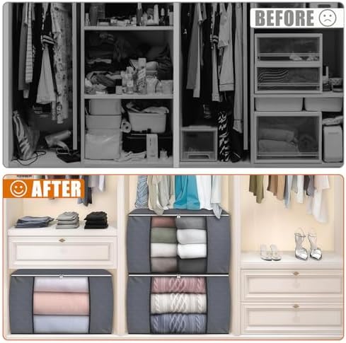 90L Large Foldable Storage Bags with Lids, 6 Pack - Closet Qrganizers and Storage Containers for Clothes, Blankets, Bedding | Reinforced Handles, Home Storage Bins, Gray - Image 5