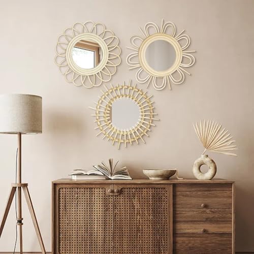 Briful Beige Wall Mirrors Decor Set of 3 Wooden Round Wall Mirrors Wall-Mounted Sunburst Mirrors Hanging Wall Art for Living Room Home Indoor Bedroom Decor - Image 6